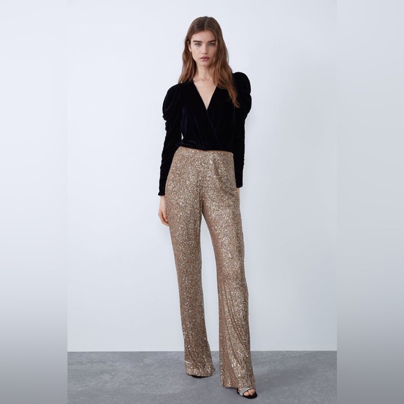 NWT ZARA Champaign Gold Sequins Pants XS - Picture 3 of 7